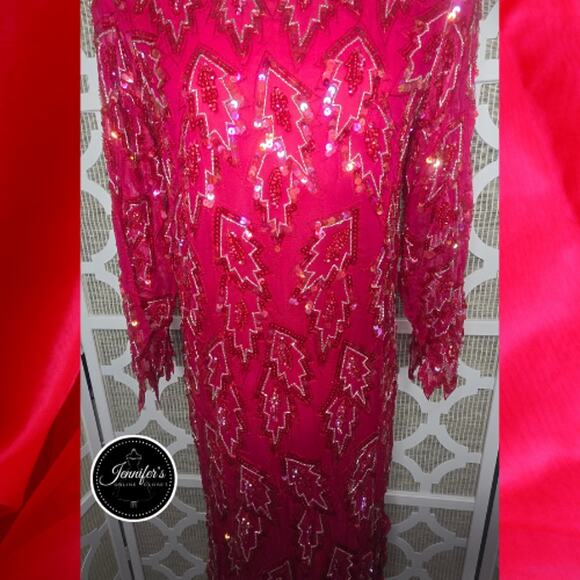 Scala Vintage 80's Red 100% Silk Sequin and Beaded Leaf Handkerchief Hem Dress - Picture 5 of 16